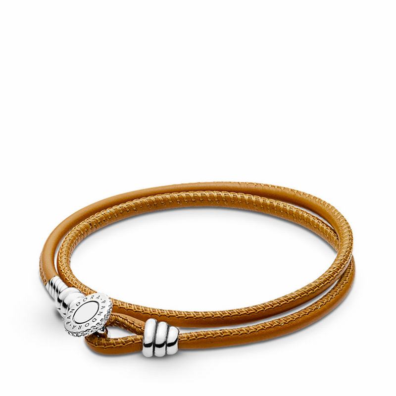 Pandora Golden Tan Double Leather Bracelet Online NZ, Sterling Silver (925438-NYV)